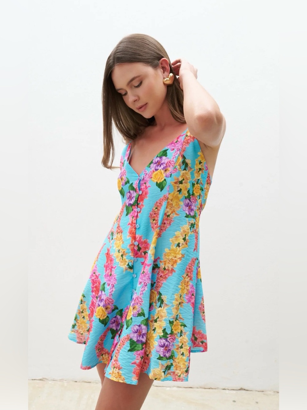 Hemithea GREEK Bright Turquoise Floral Dress M/L New No Tag
